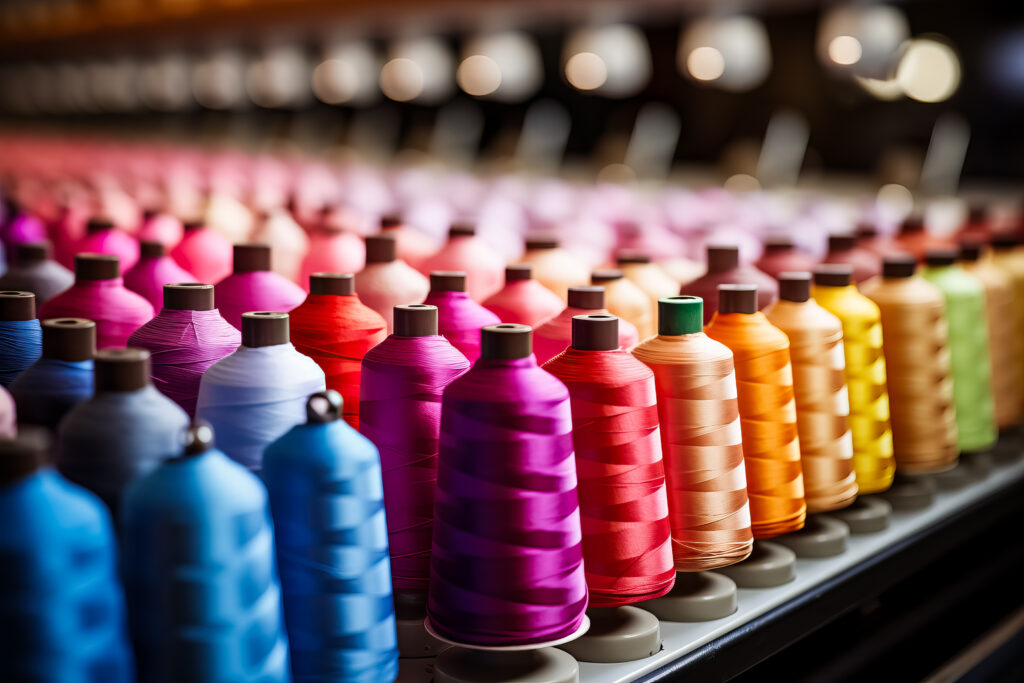 Rows of colorful sewing thread spools arranged in gradient order.